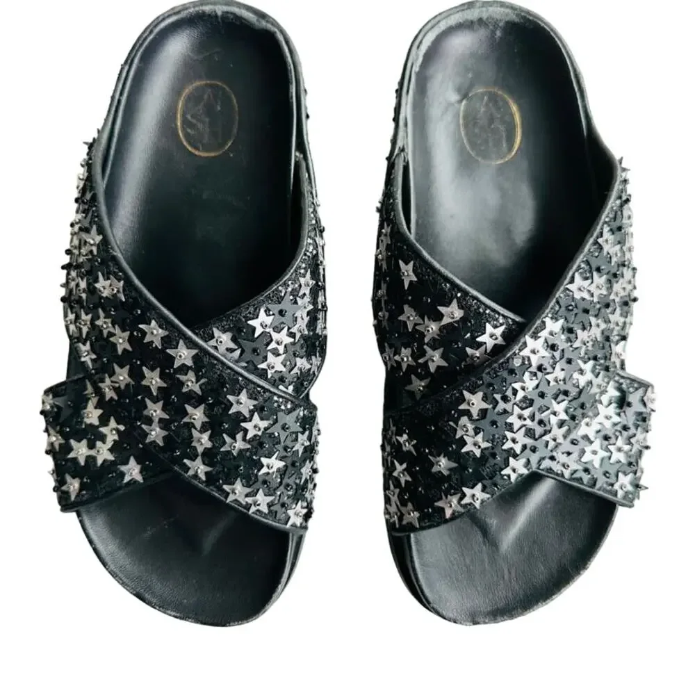 ASH Uranus Star Sequin Embellished Crisscross Slide Sandal Size 35 US 5/6